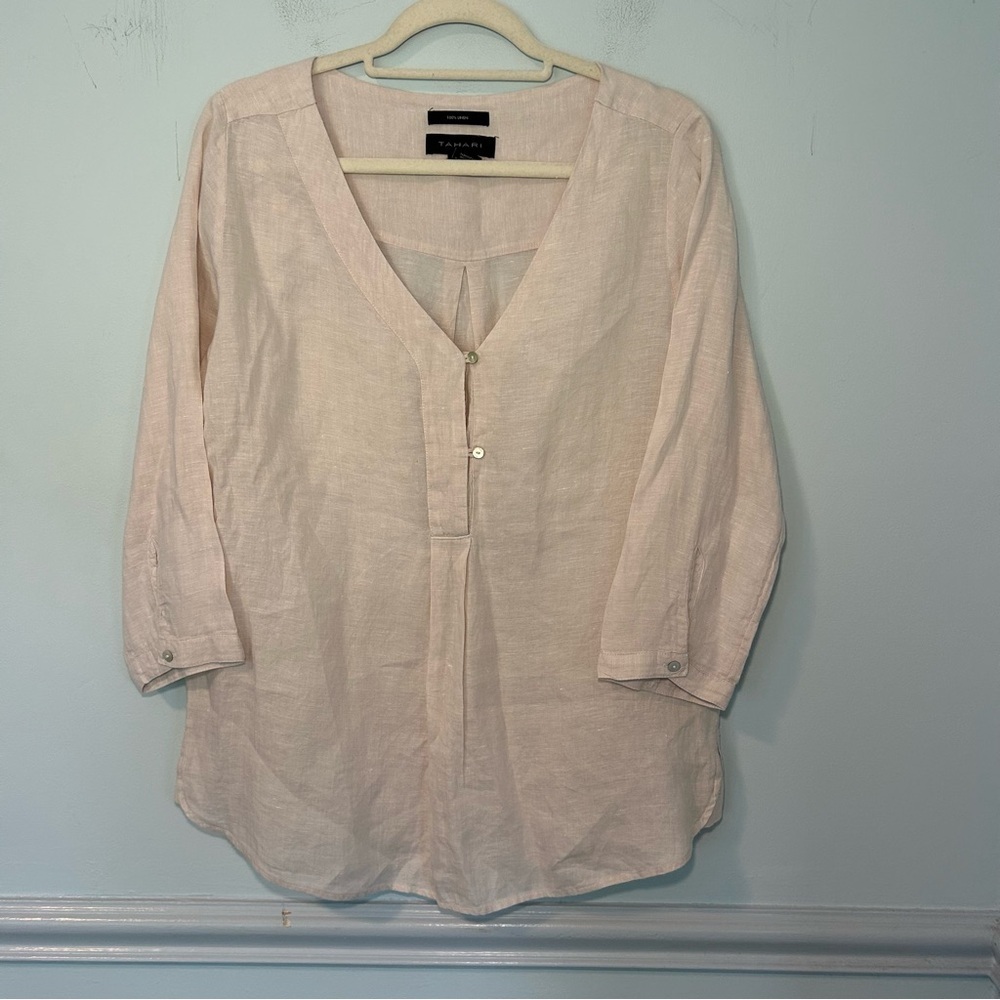 Tahari Beige 100% Linen 3/4 Sleeve Tunic Blouse Size Medium